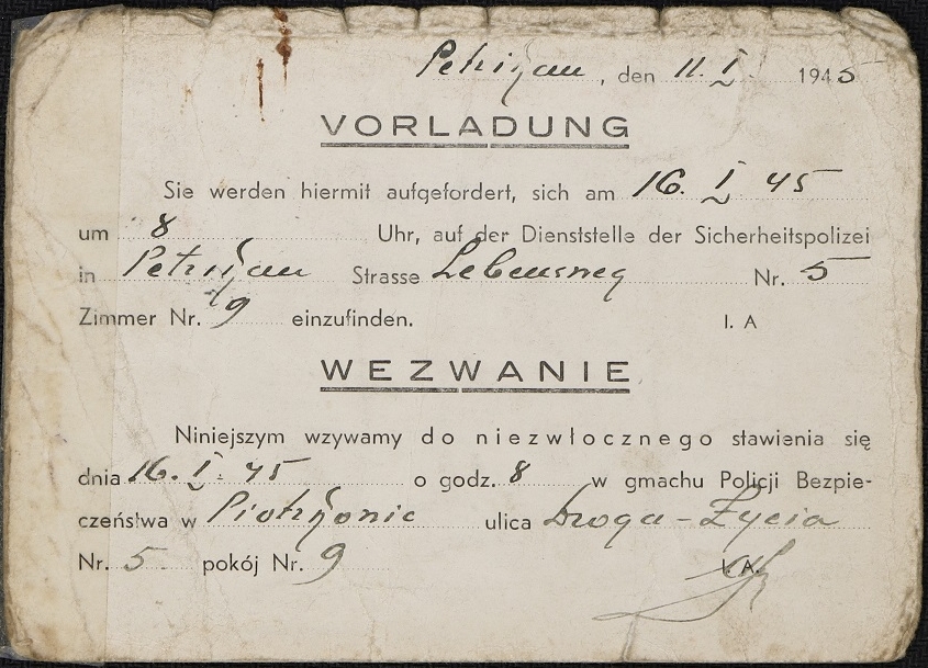 Jeden z dokumentów pracowniczych z okresu okupacji niemieckiej doby II wojny światowej - Papiery Mariusza Szamockiego